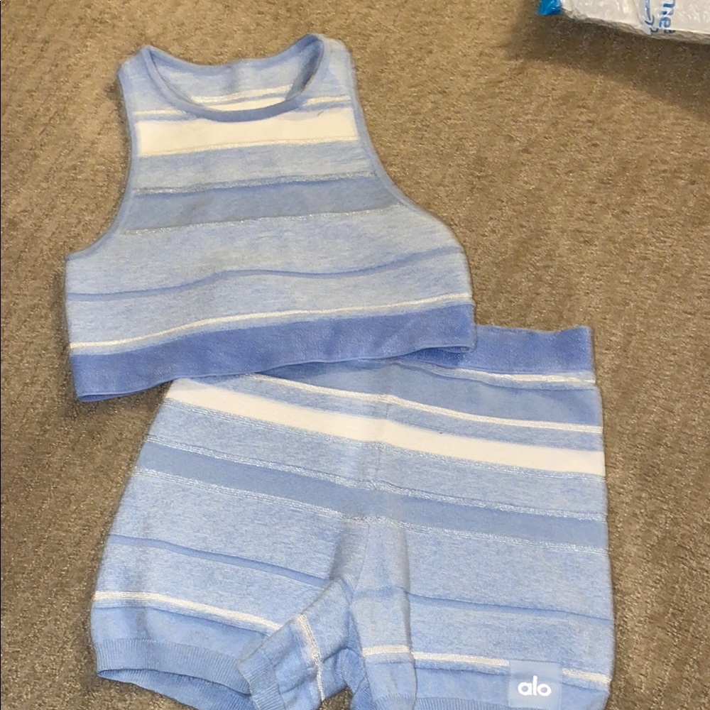ALO Yoga Blue and White knit High Waist Shorts and top